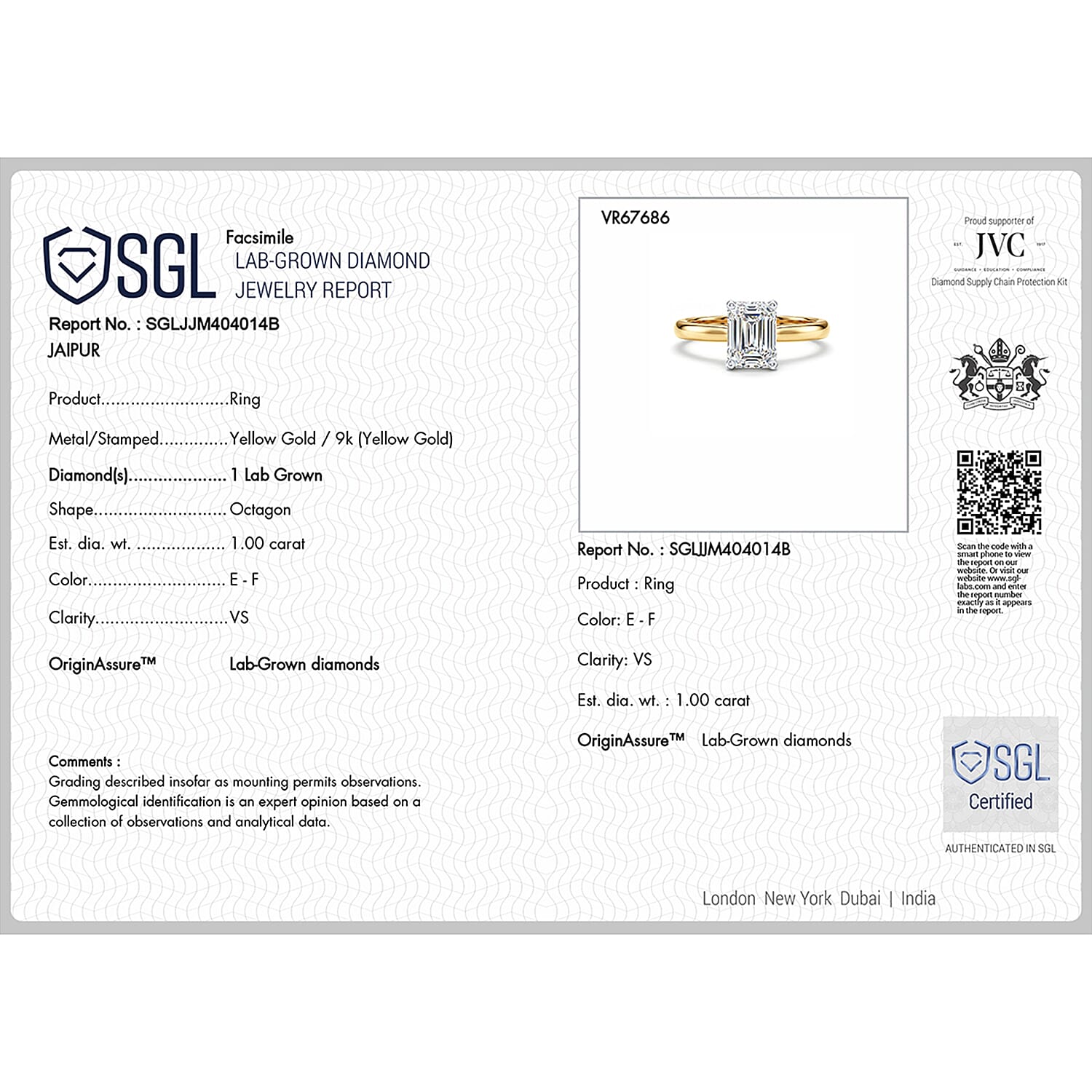 LUXURIANT - 9K Yellow Gold SGL Certified Lab Grown Diamond (VS-E-F) Solitaire Ring 1.00 Ct.