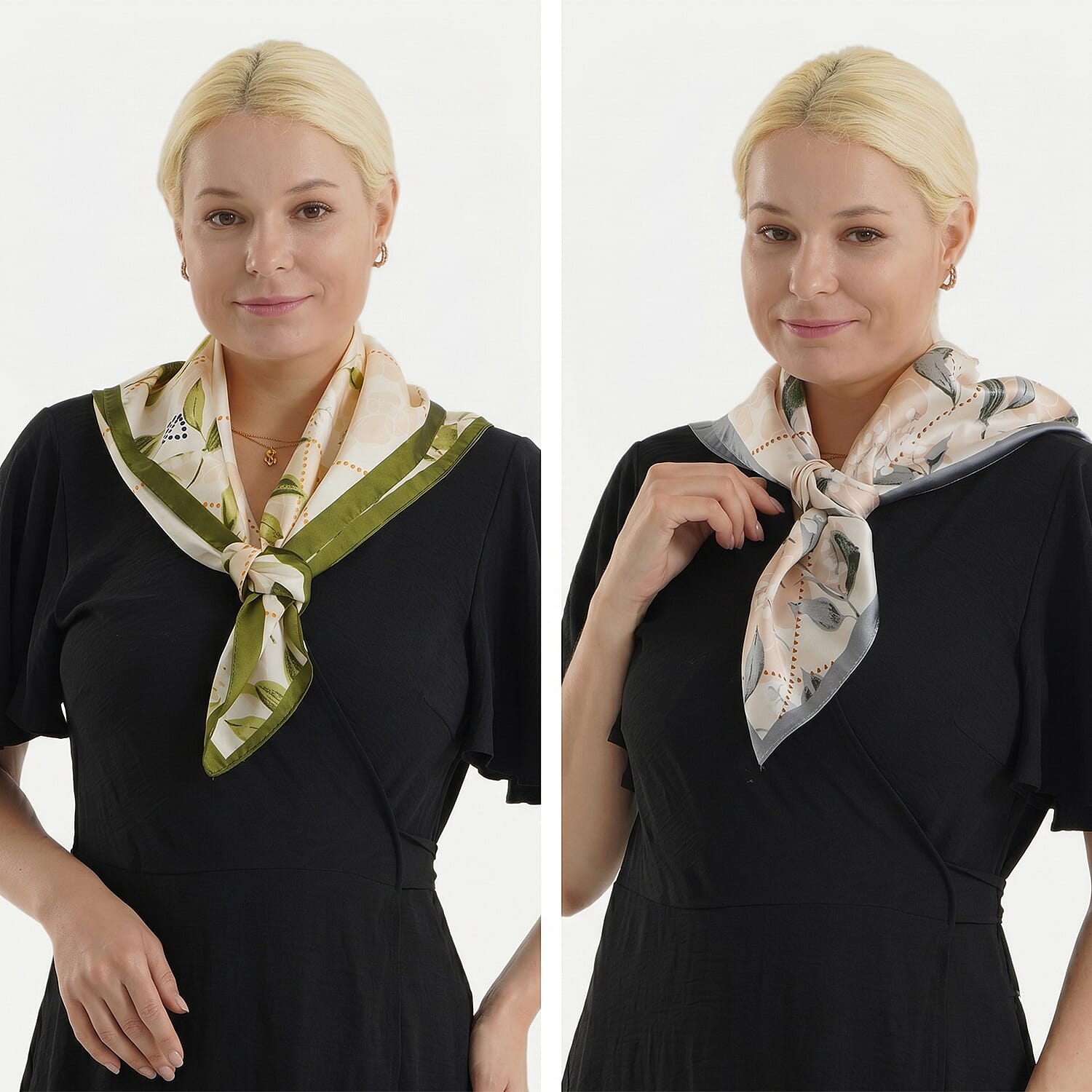 Pack of 2 - Leaf Print Square Scarves (68x68cm) - Green & Grey