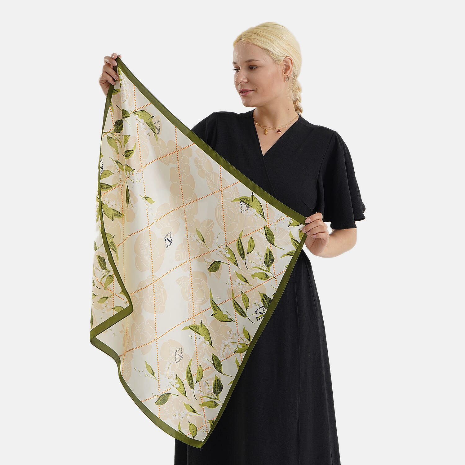 Pack of 2 - Leaf Print Square Scarves (68x68cm) - Green & Grey