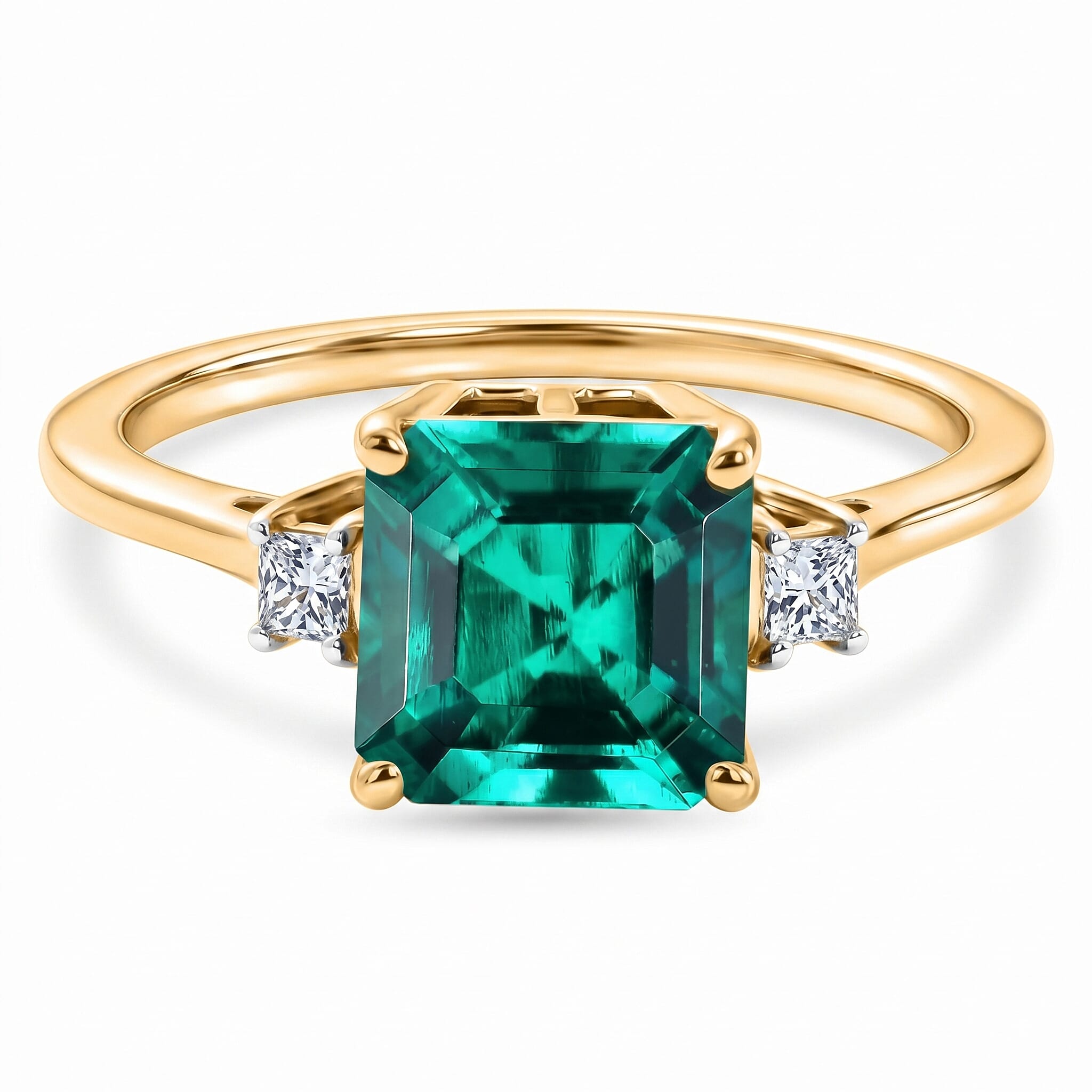 Live From Vegas - Luxuriant - 9K Yellow Gold AAA Lab Grown Columbian Emerald & Lab Grown Diamond (VS) Trilogy Ring 3.20 Ct.
