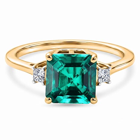 Live From Vegas - Luxuriant - 9K Yellow Gold AAA Lab Grown Columbian Emerald & Lab Grown Diamond (VS) Trilogy Ring 3.20 Ct.