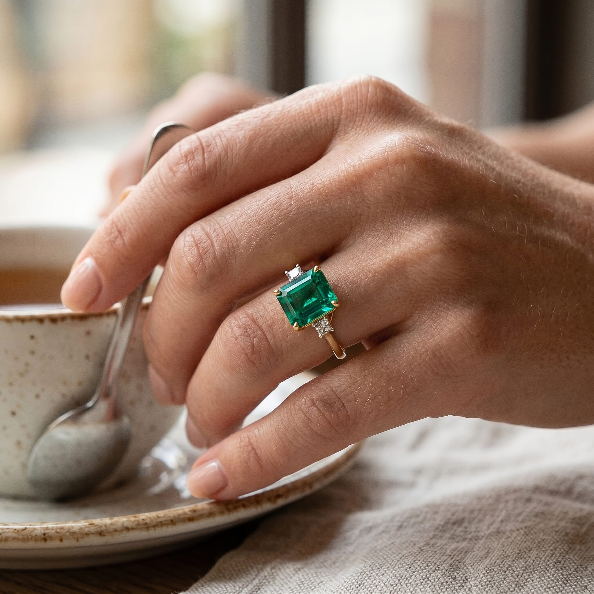 Live From Vegas - Luxuriant - 9K Yellow Gold AAA Lab Grown Columbian Emerald & Lab Grown Diamond (VS) Trilogy Ring 3.20 Ct.