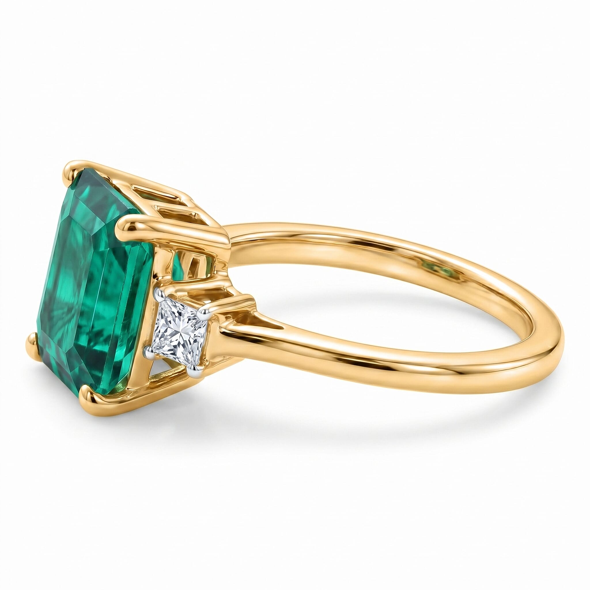 Live From Vegas - Luxuriant - 9K Yellow Gold AAA Lab Grown Columbian Emerald & Lab Grown Diamond (VS) Trilogy Ring 3.20 Ct.