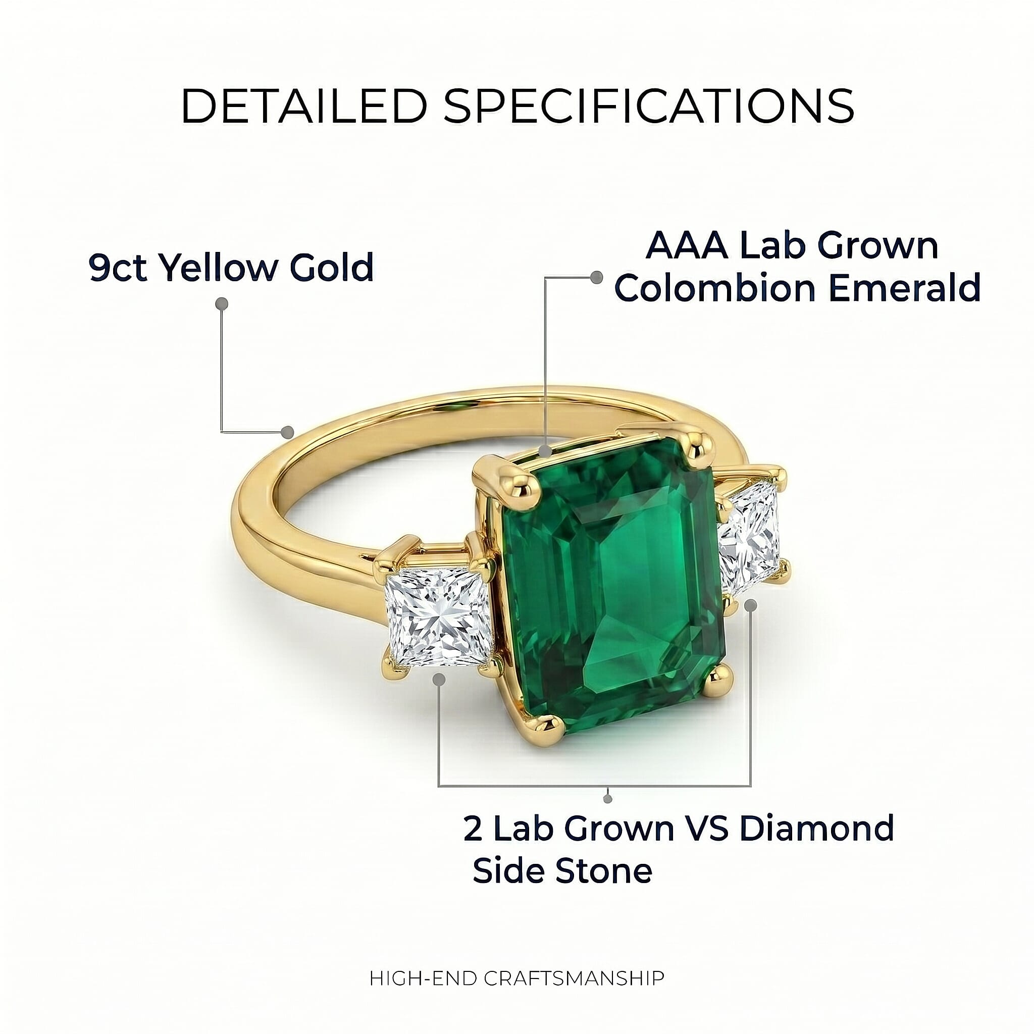 Live From Vegas - Luxuriant - 9K Yellow Gold AAA Lab Grown Columbian Emerald & Lab Grown Diamond (VS) Trilogy Ring 3.20 Ct.