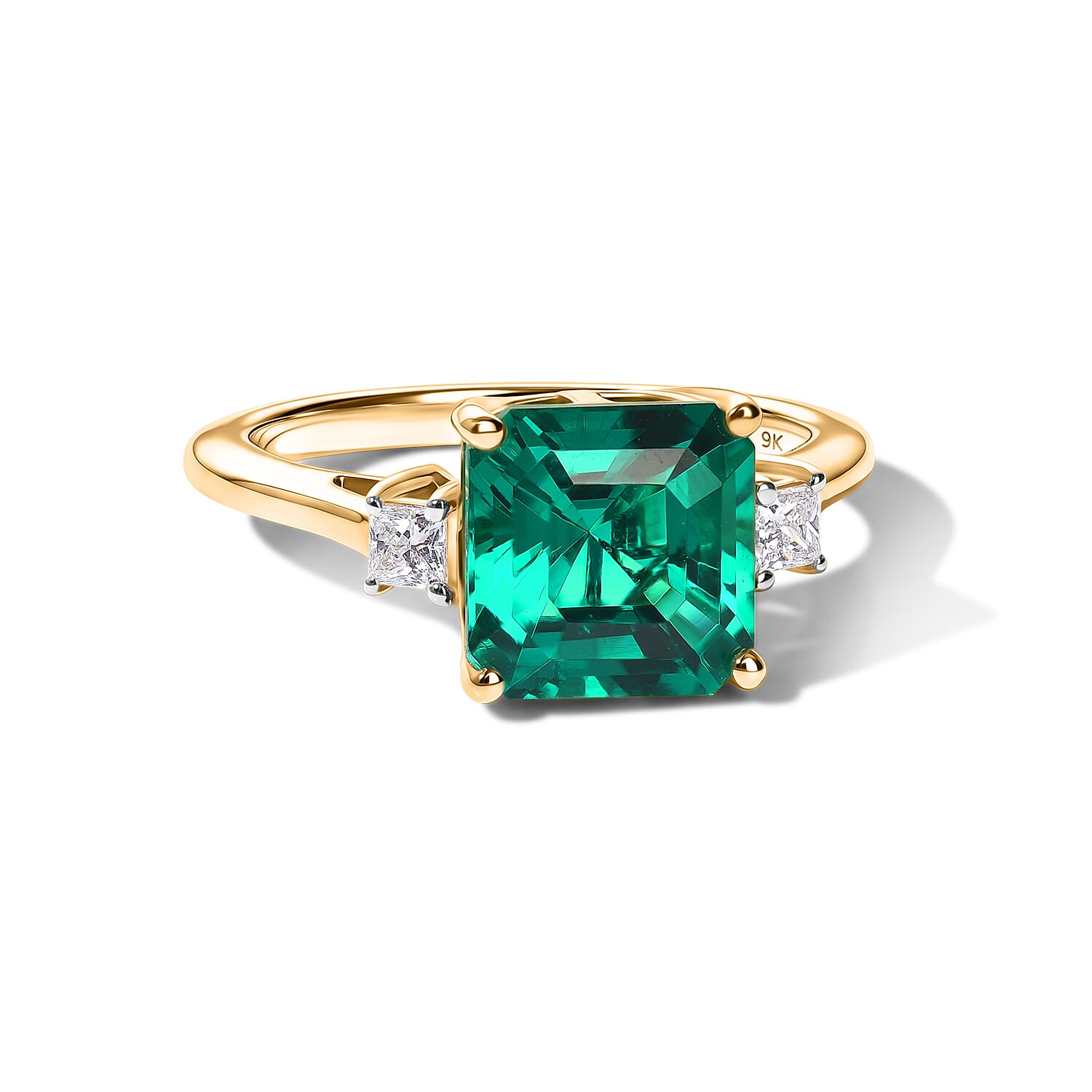 Live From Vegas - Luxuriant - 9K Yellow Gold AAA Lab Grown Columbian Emerald & Lab Grown Diamond (VS-E-F) Trilogy Ring 3.20 Ct.