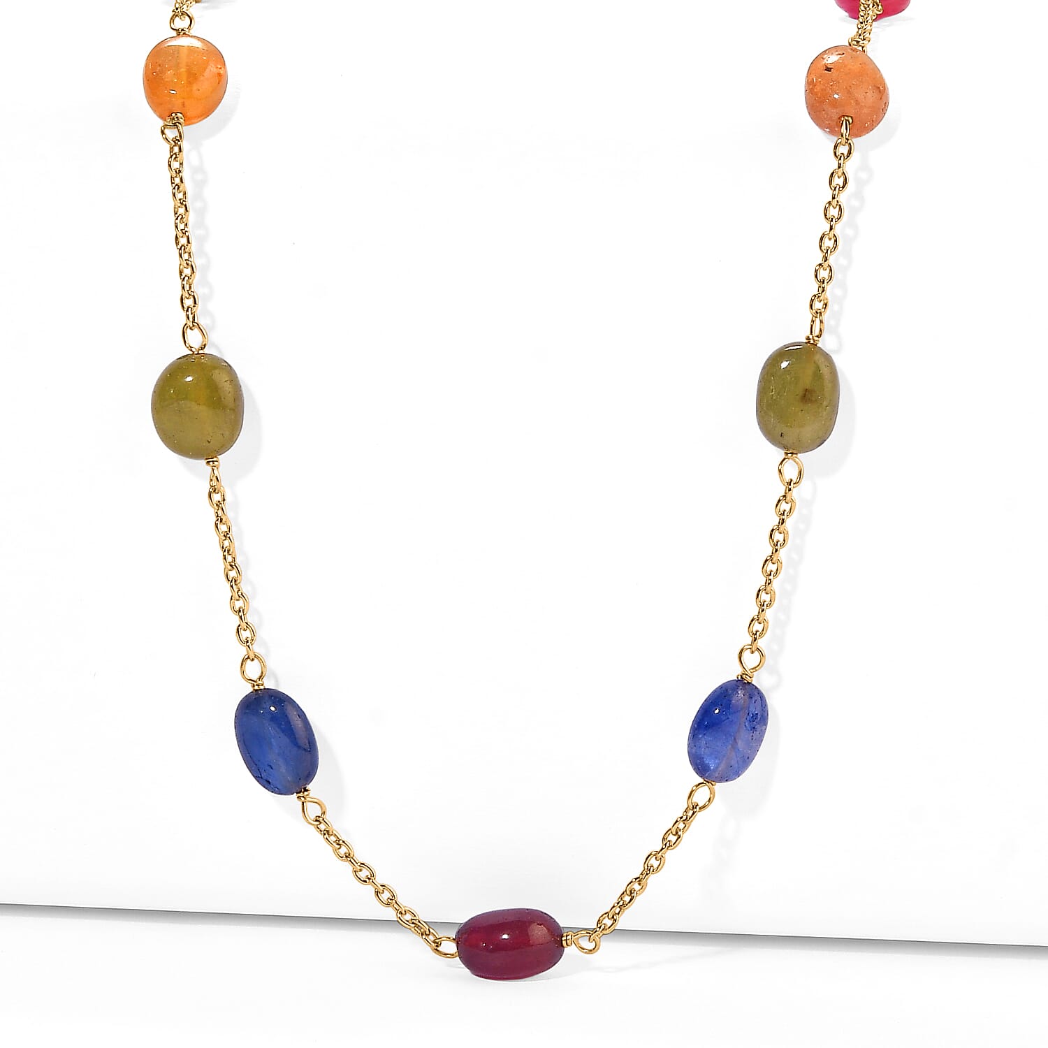D'Joy - Multi Sapphire Necklace (Size - 24) in 18K Vermeil Yellow Gold Plated Sterling Silver 55.00 Ct.