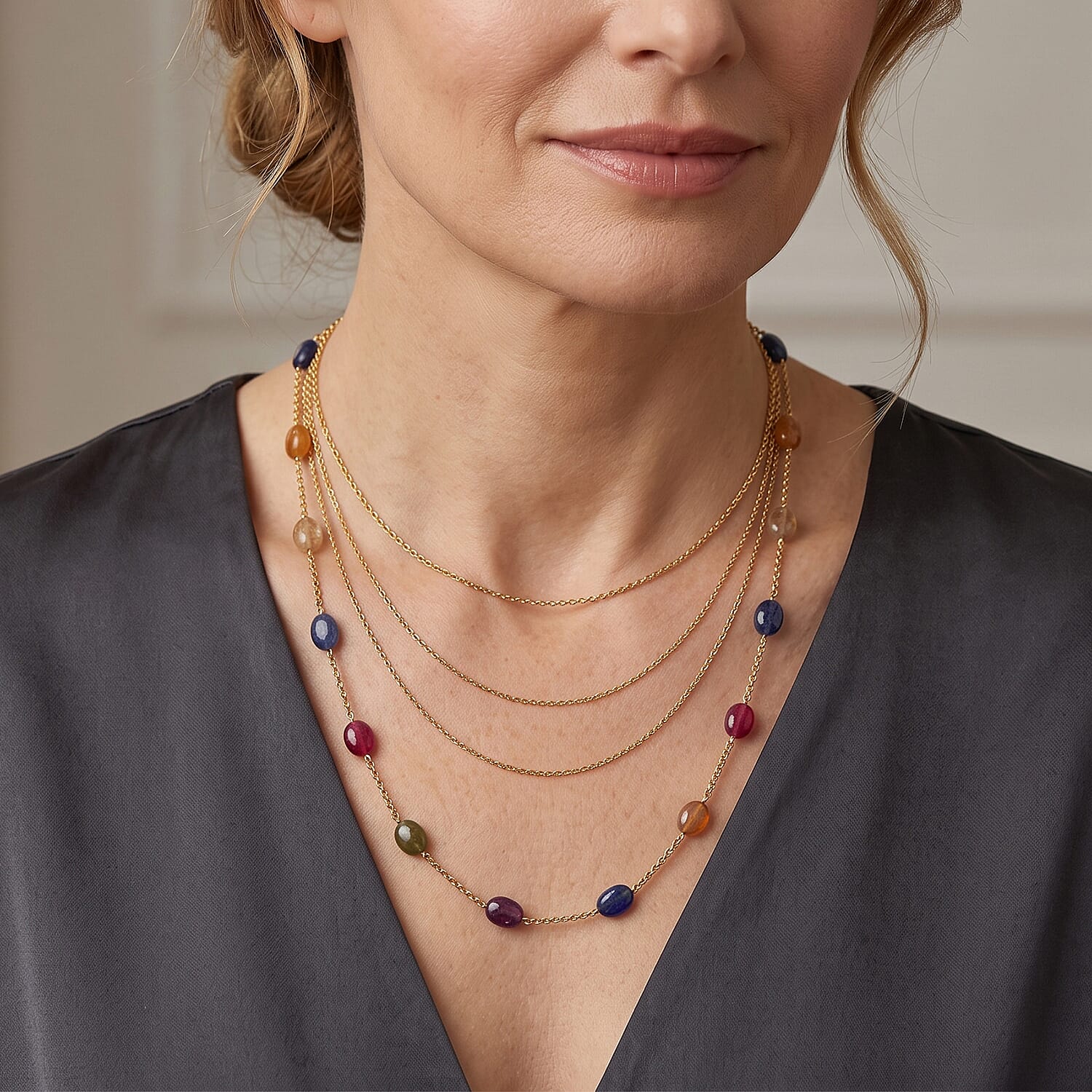 D'Joy - Multi Sapphire Necklace (Size - 24) in 18K Vermeil Yellow Gold Plated Sterling Silver 55.00 Ct.