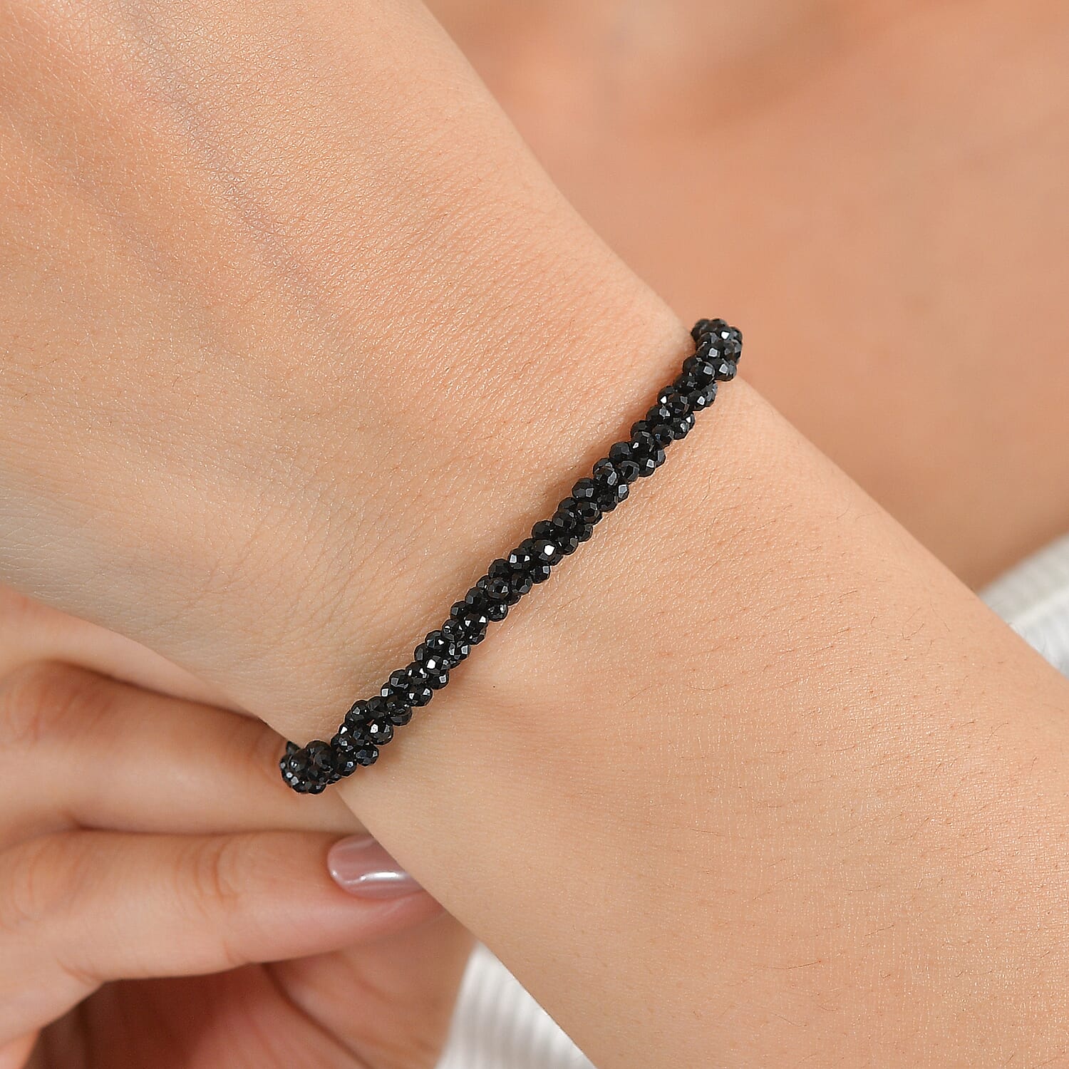 D'Joy - Black Spinel Beads Bracelet (Size - 7.5) in Rhodium Overlay Sterling Silver 47.00 Ct.