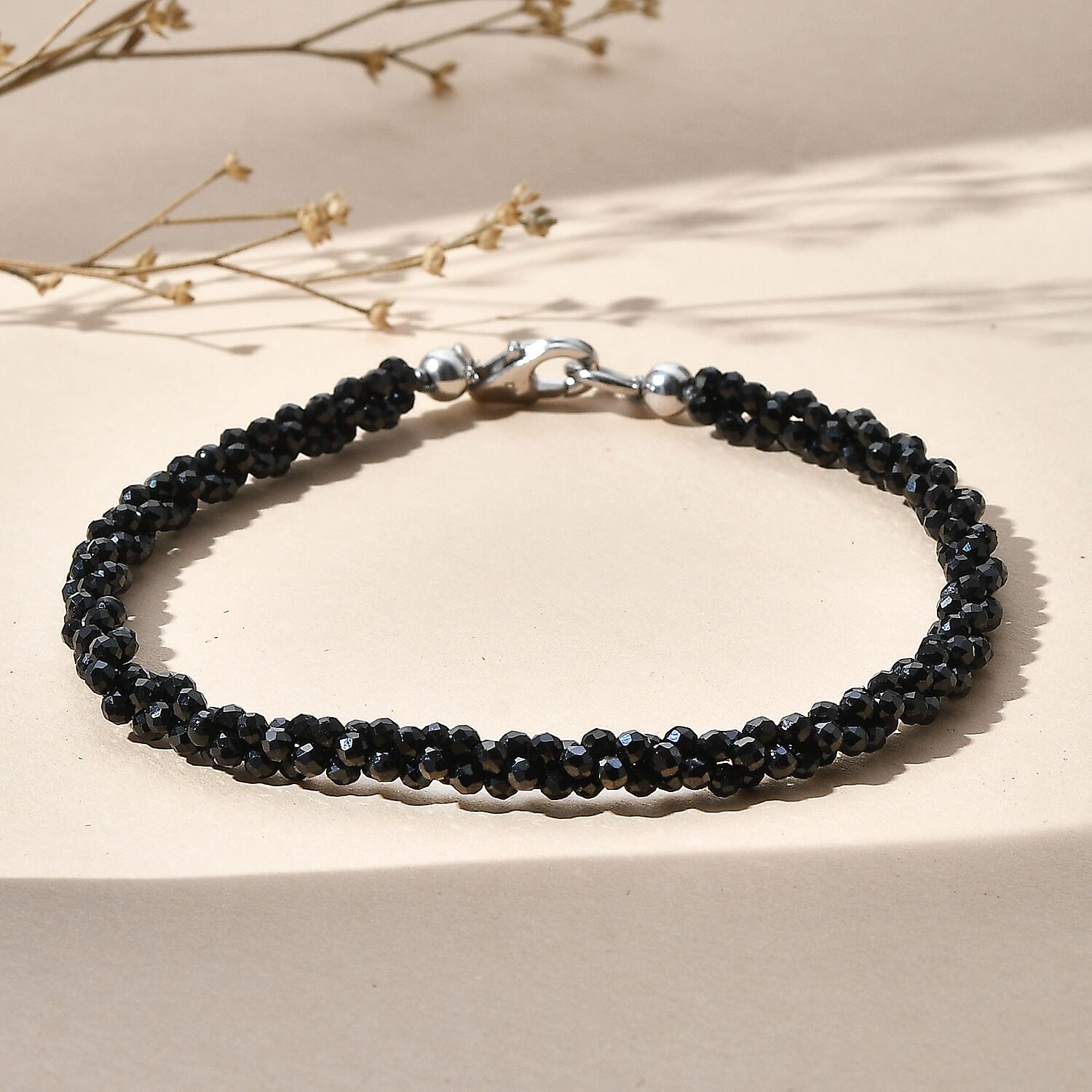 D'Joy - Black Spinel Beads Bracelet (Size - 7.5) in Rhodium Overlay Sterling Silver 47.00 Ct.