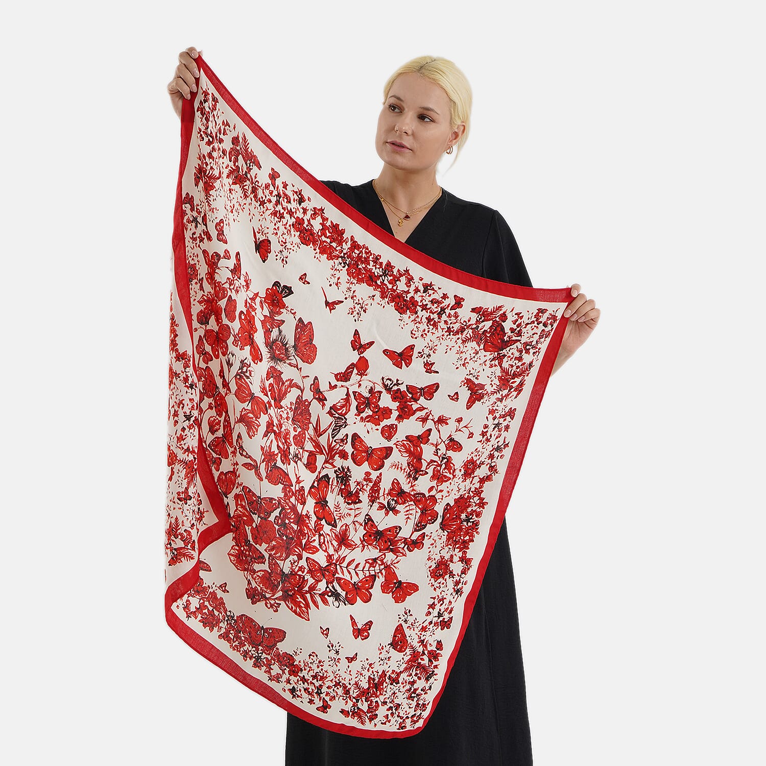 Designer Inspired Butterfly Print Multi-Colour Square Scarf (88x88cm) - Red
