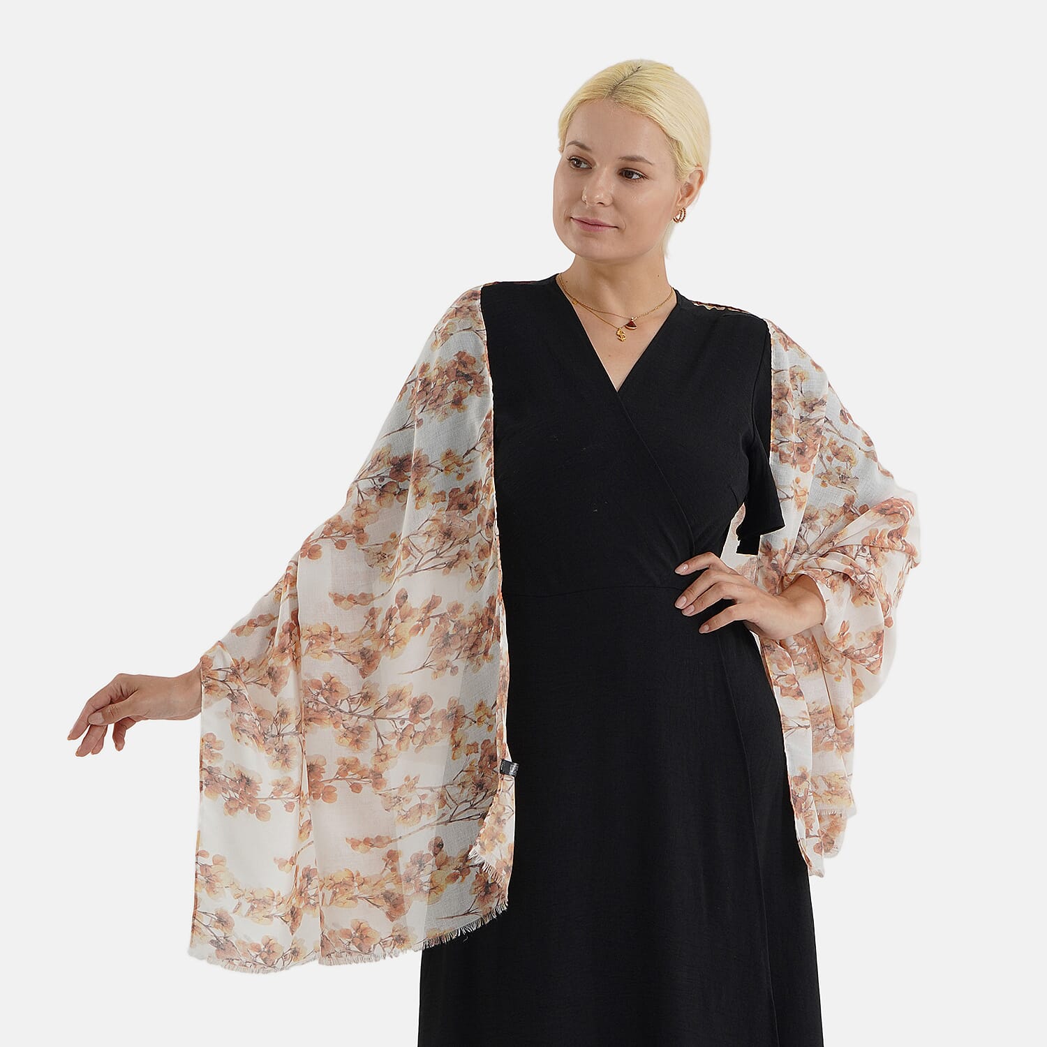 Nature-inspired Floral Print Scarf (80x180cm) - Beige & Brown