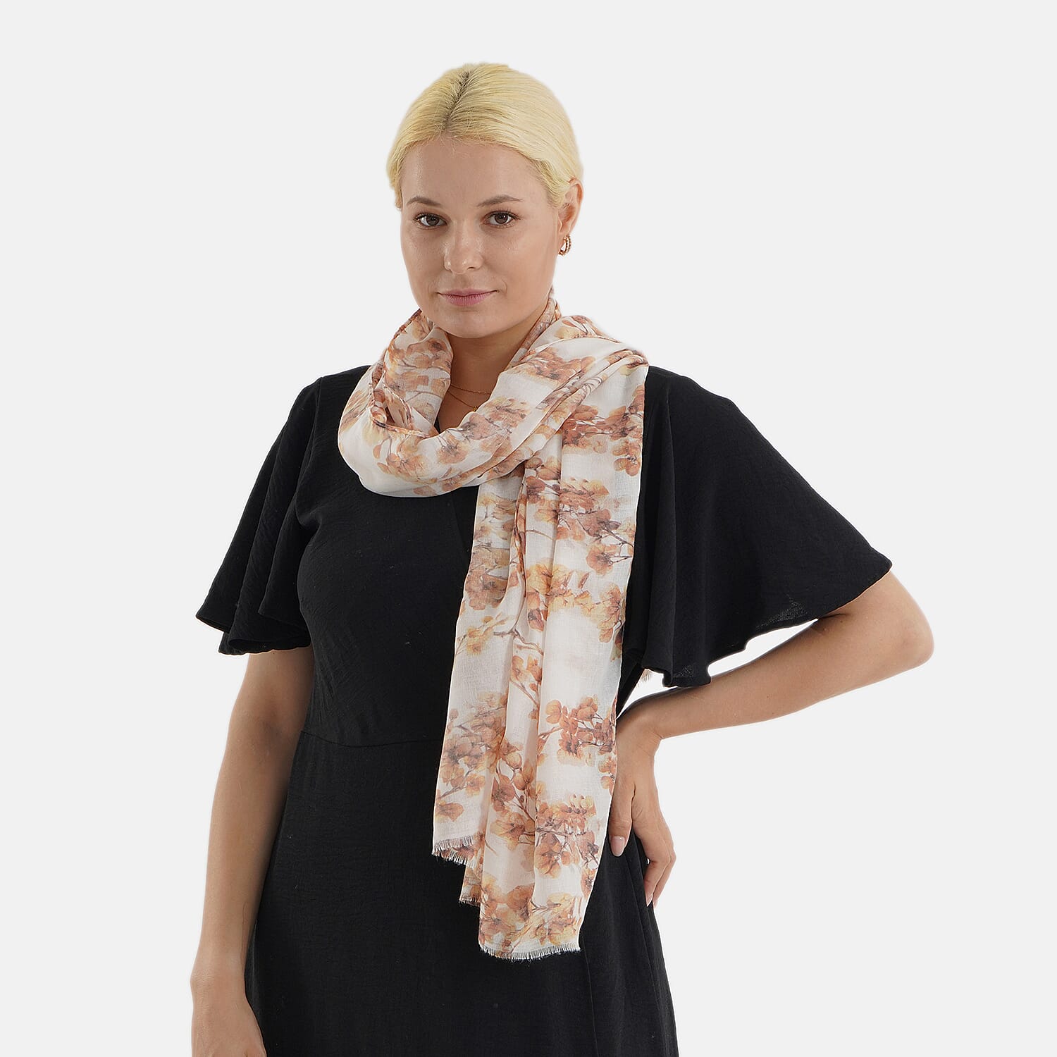Nature-inspired Floral Print Scarf (80x180cm) - Beige & Brown