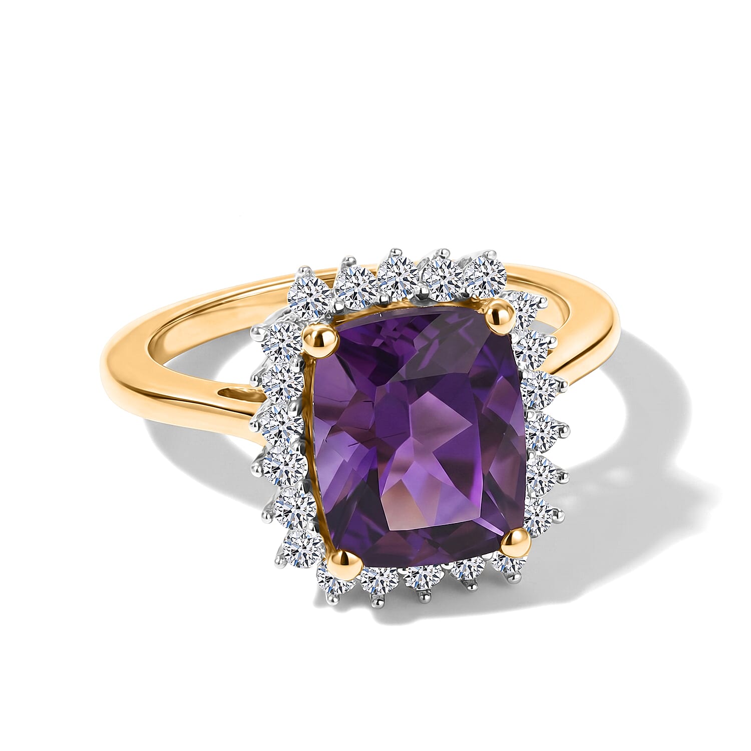 Luxuriant - Moroccan Amethyst & Lab Grown Diamond (SI-G-H) Halo Ring in 18K Vermeil Yellow Gold Plated Sterling Silver 3.20 Ct.