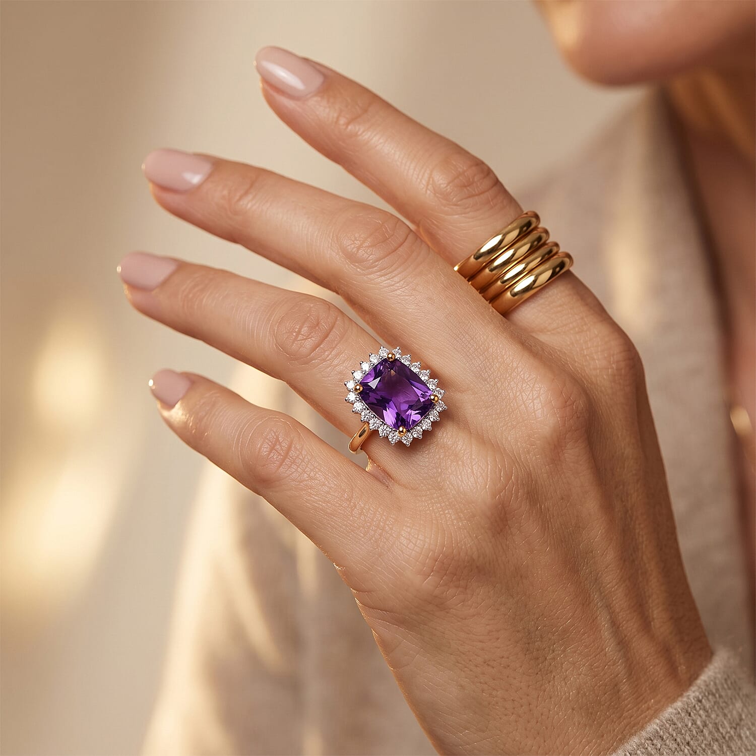 Luxuriant - Moroccan Amethyst & Lab Grown Diamond (SI-G-H) Halo Ring in 18K Vermeil Yellow Gold Plated Sterling Silver 3.20 Ct.