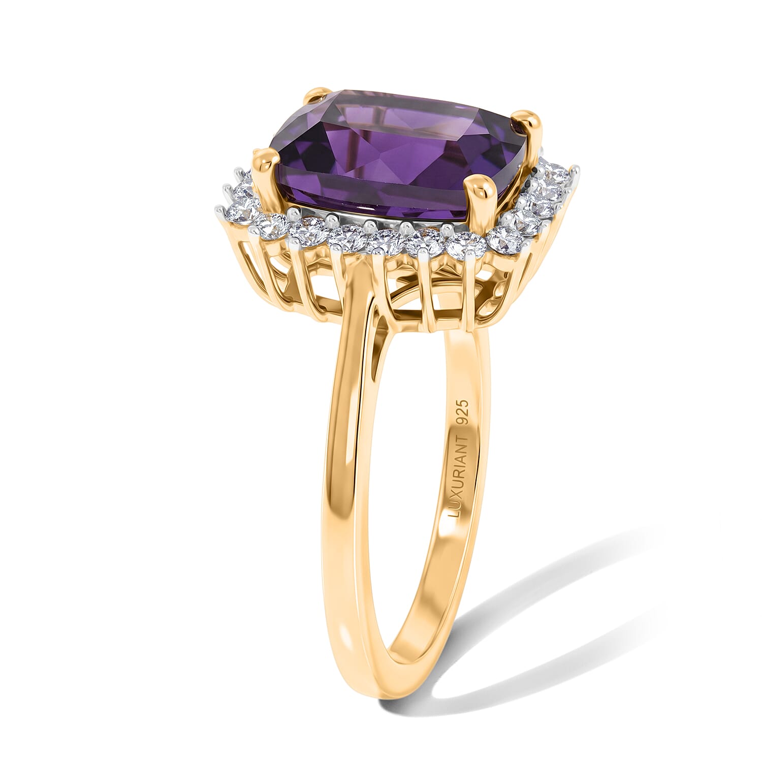 Luxuriant - Moroccan Amethyst & Lab Grown Diamond (SI-G-H) Halo Ring in 18K Vermeil Yellow Gold Plated Sterling Silver 3.20 Ct.