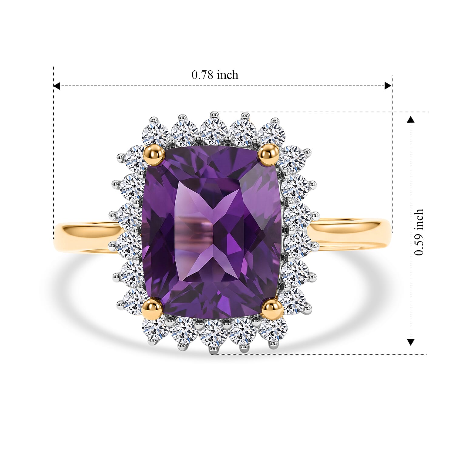 Luxuriant - Moroccan Amethyst & Lab Grown Diamond (SI-G-H) Halo Ring in 18K Vermeil Yellow Gold Plated Sterling Silver 3.20 Ct.