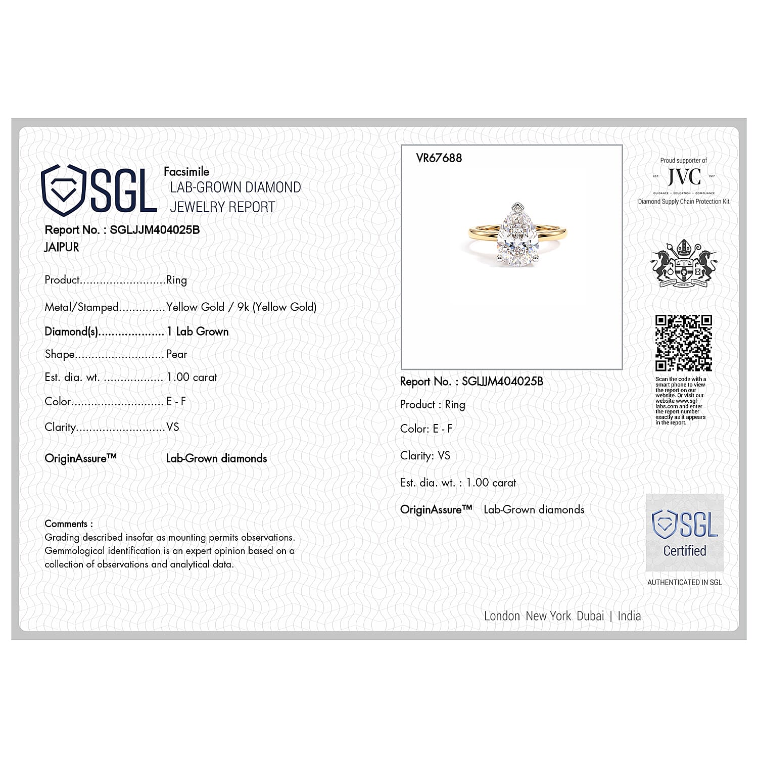 LUXURIANT - 9K Yellow Gold SGL Certified Lab Grown Diamond (VS-E-F) Solitaire Ring 1.00 Ct.
