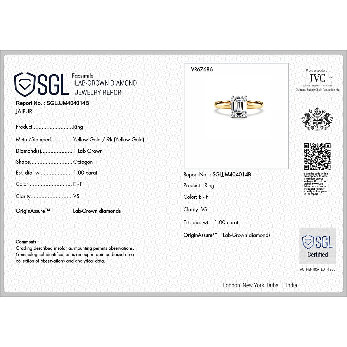 LUXURIANT - 9K Yellow Gold SGL Certified Lab Grown Diamond (VS-E-F) Solitaire Ring 1.00 Ct.