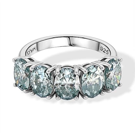 D'Joy - Paraiba Moissanite 5 Stone Ring in Rhodium Overlay Sterling Silver 3.70 Ct.