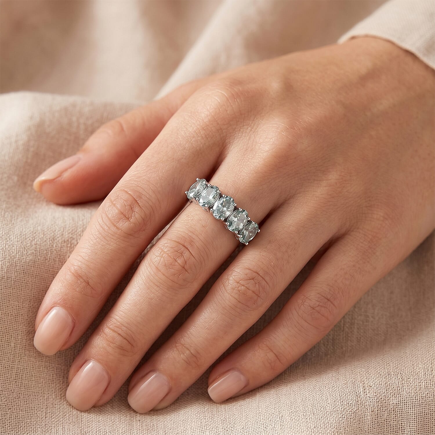 D'Joy - Paraiba Moissanite 5 Stone Ring in Rhodium Overlay Sterling Silver 3.70 Ct.