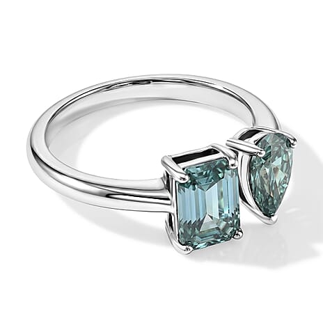 D'Joy - Paraiba Moissanite Toi-et-Moi Ring in Rhodium Overlay Sterling Silver 2.30 Ct.