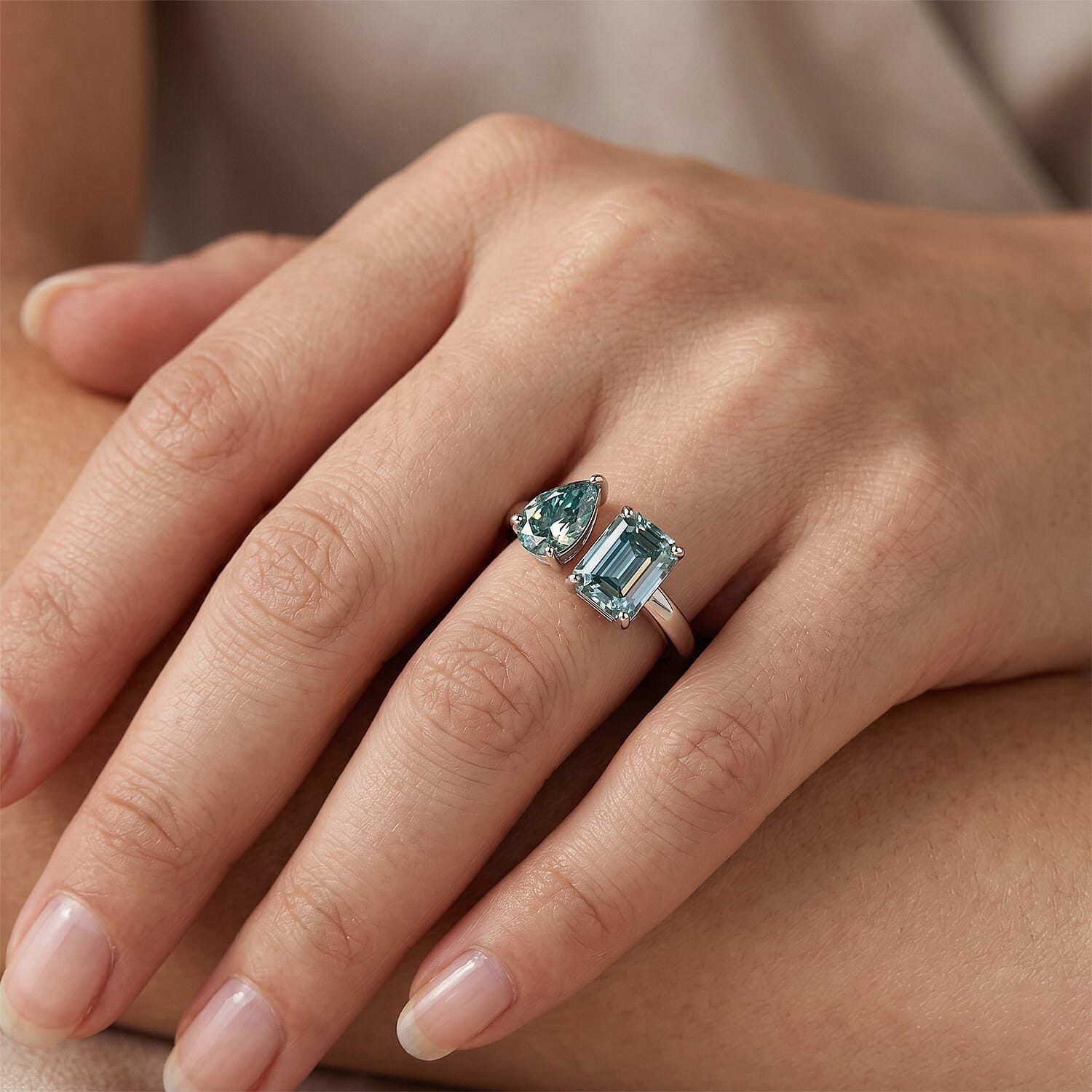D'Joy - Paraiba Moissanite Toi-et-Moi Ring in Rhodium Overlay Sterling Silver 2.30 Ct.