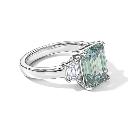 D'Joy - Paraiba Moissanite Trilogy Ring in Rhodium Overlay Sterling Silver 3.80 Ct. D'Joy - Paraiba Moissanite Trilogy Ring in Rhodium Overlay Sterling Silver 3.80 Ct.