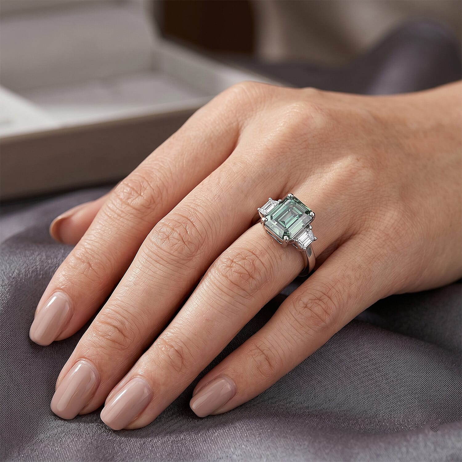 D'Joy - Paraiba Moissanite Trilogy Ring in Rhodium Overlay Sterling Silver 3.80 Ct.