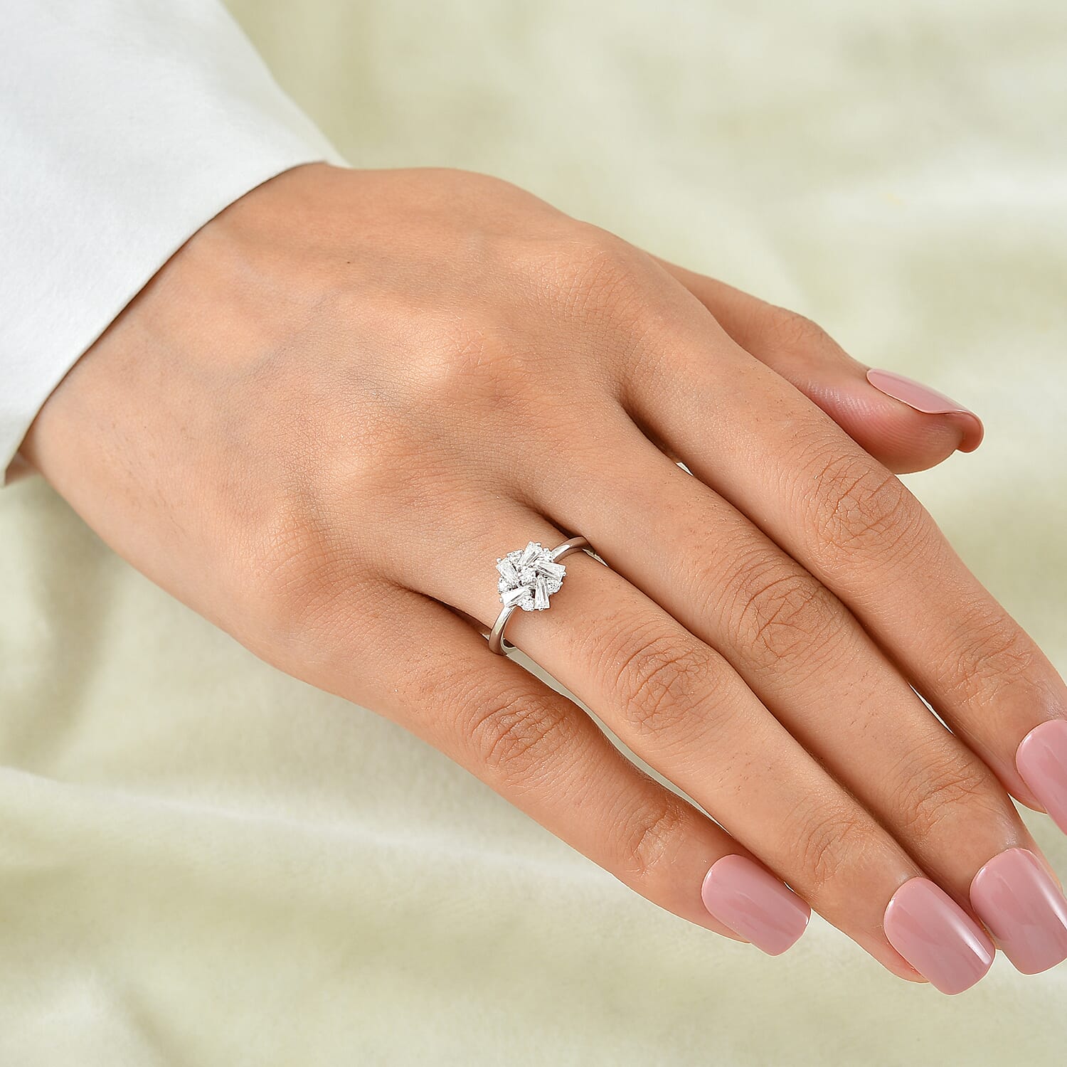 D'Joy - Moissanite Cluster Ring in Platinum Overlay Sterling Silver
