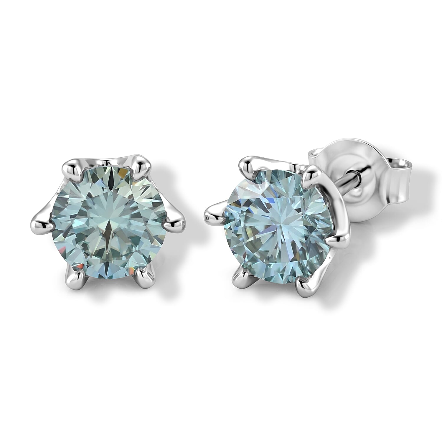 D'Joy - Paraiba Moissanite Solitaire Stud Push Post Earring in Rhodium Overlay Sterling Silver 1.88 Ct.