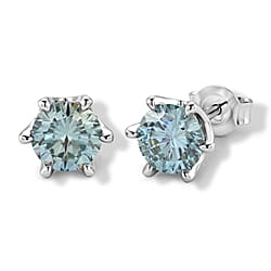D'Joy - Paraiba Moissanite Solitaire Stud Push Post Earring in Rhodium Overlay Sterling Silver 1.88 Ct.
