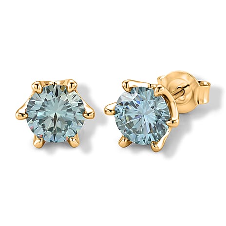 D'Joy - Paraiba Moissanite Solitaire Stud Push Post Earring in Yellow Gold Plated Sterling Silver 1.88 Ct.
