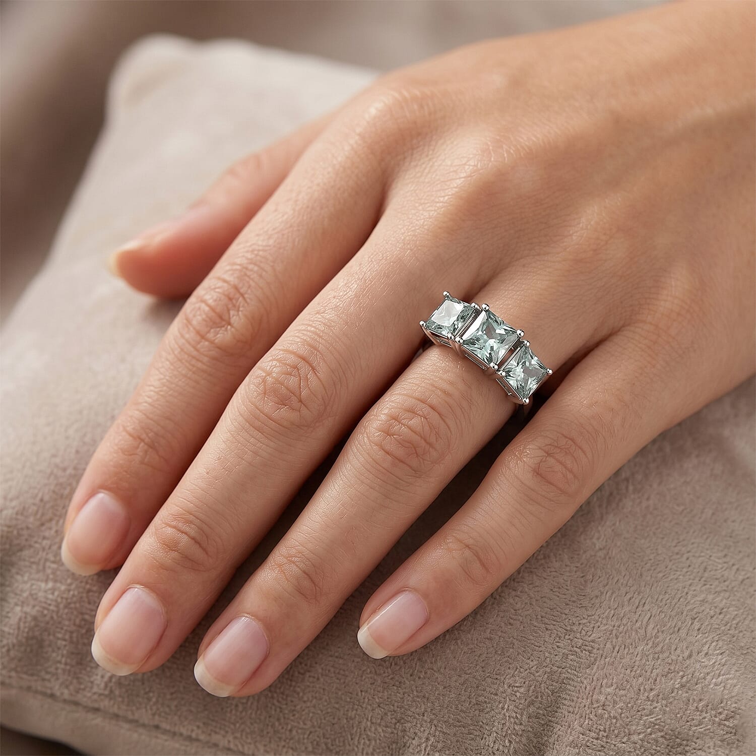 D'Joy - Paraiba Moissanite Trilogy Ring in Rhodium Overlay Sterling Silver 5.10 Ct.