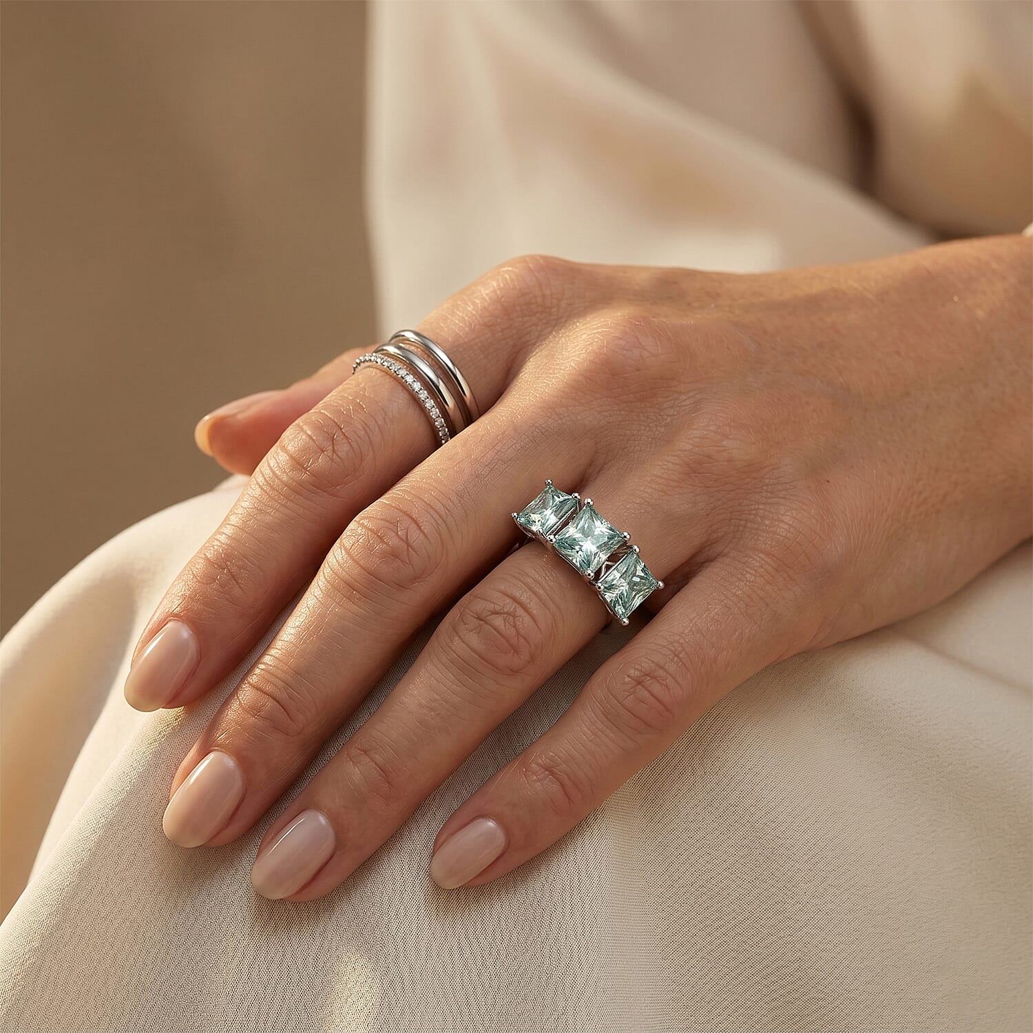 D'Joy - Paraiba Moissanite Trilogy Ring in Rhodium Overlay Sterling Silver 5.10 Ct.