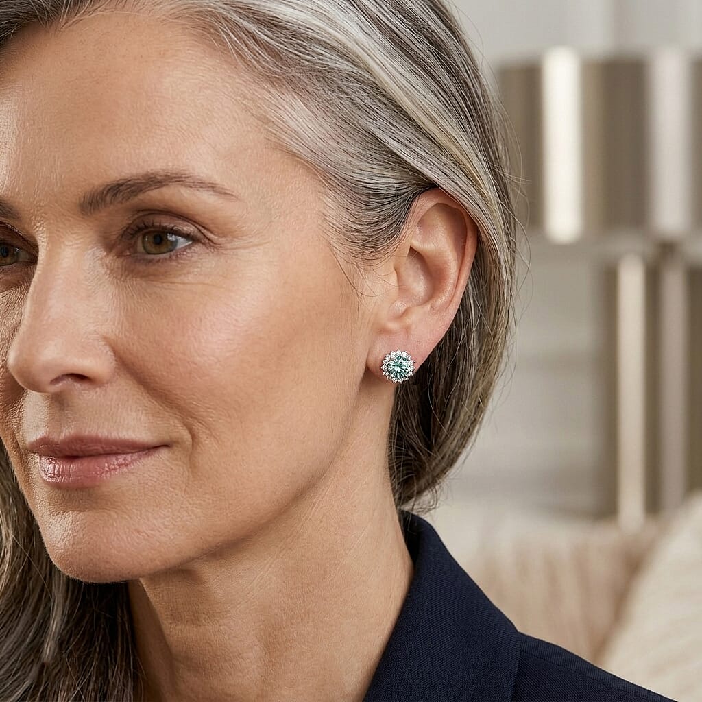 D'Joy - Moissanite Push Back Halo Earring in Rhodium Overlay Sterling Silver 1.20 Ct.