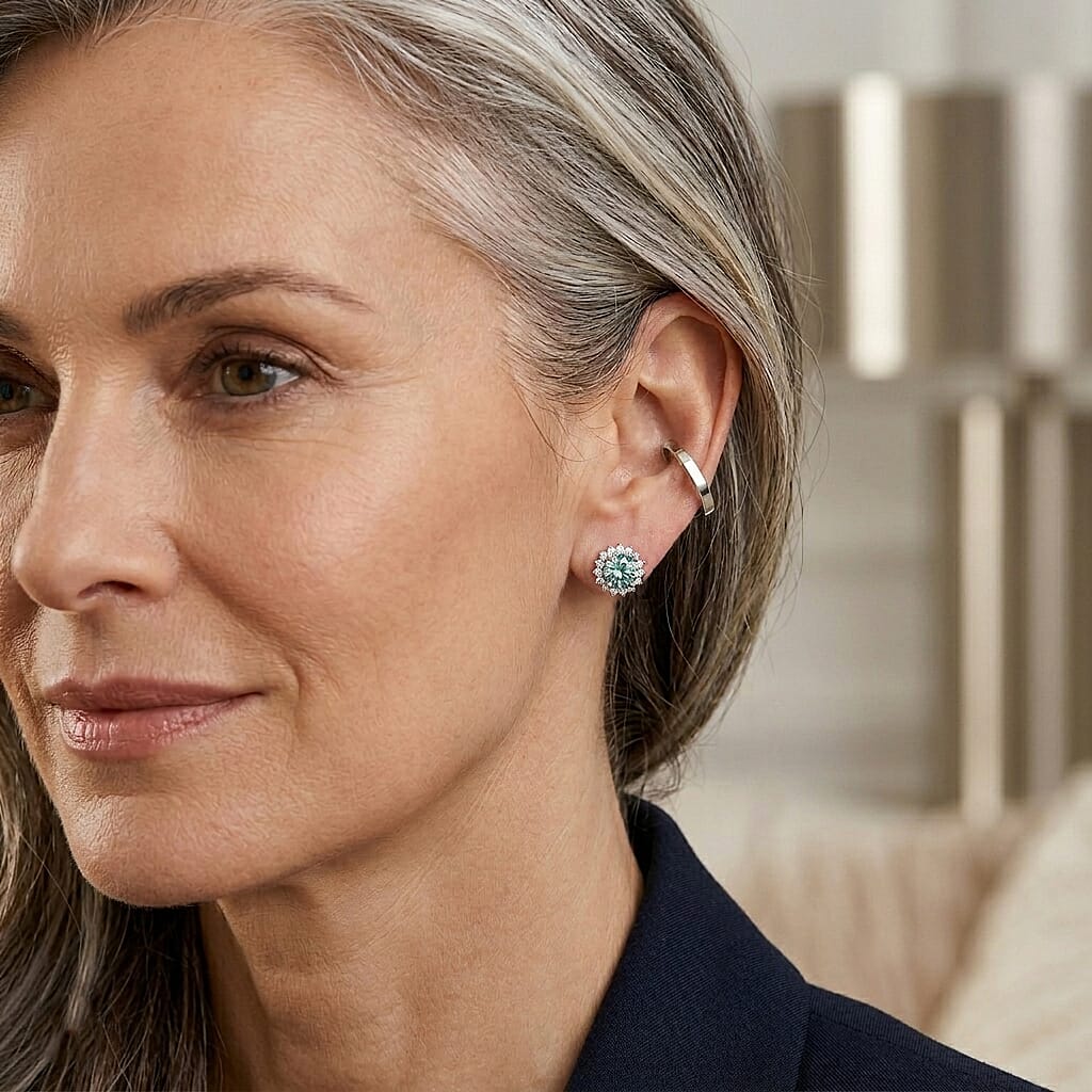 D'Joy - Moissanite Push Back Halo Earring in Rhodium Overlay Sterling Silver 1.20 Ct.
