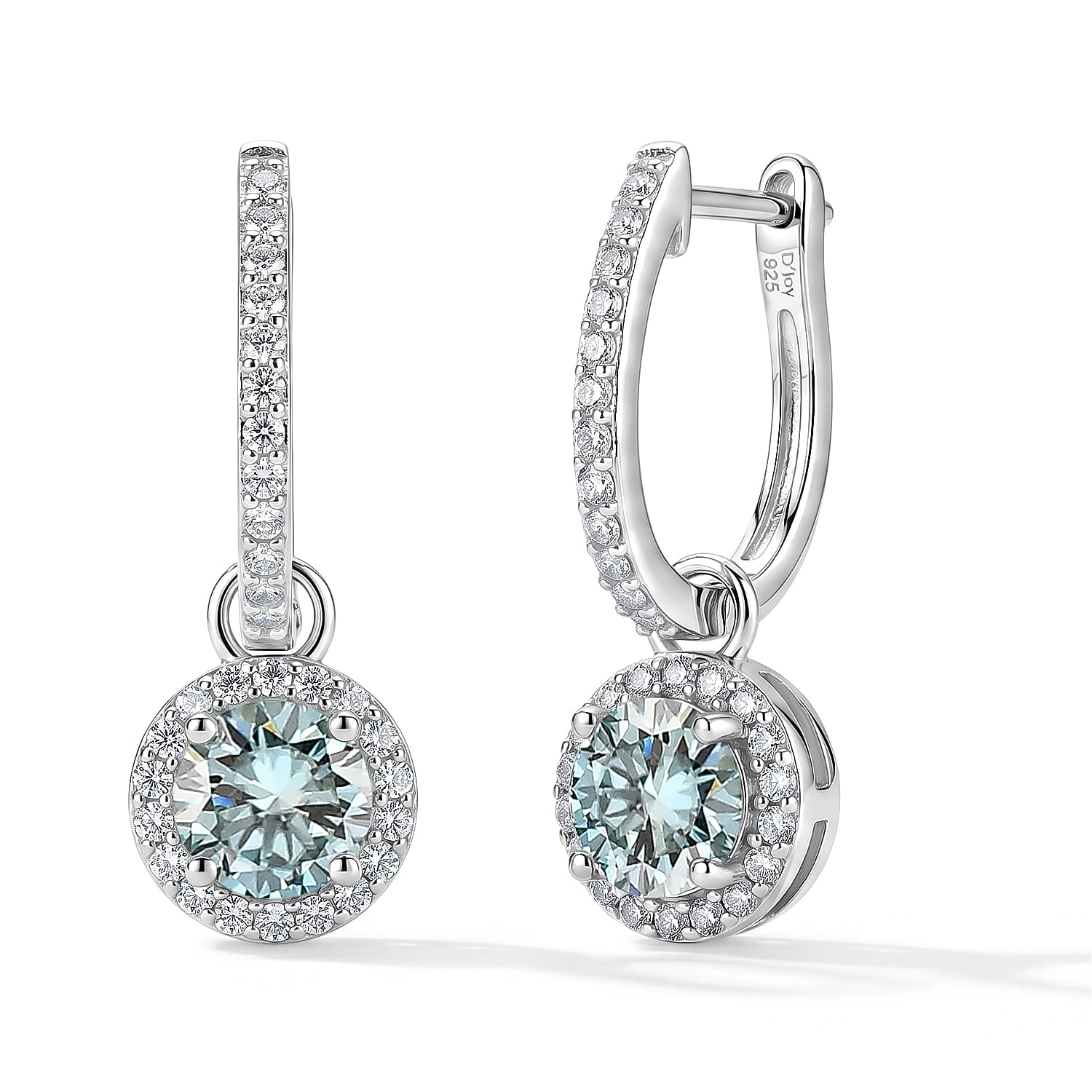 D'Joy - Paraiba Moissanite Hoop Drop Earring with Clasp in Rhodium Overlay Sterling Silver 2.37 Ct.