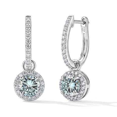 D'Joy - Paraiba Moissanite Hoop Drop Earring with Clasp in Rhodium Overlay Sterling Silver 2.37 Ct.