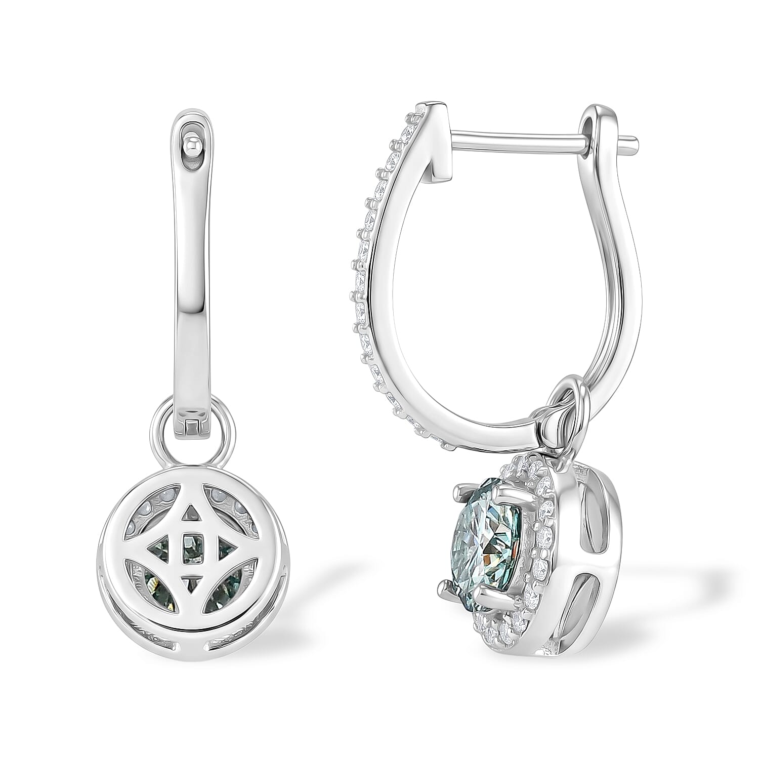 D'Joy - Paraiba Moissanite Hoop Drop Earring with Clasp in Rhodium Overlay Sterling Silver 2.37 Ct.
