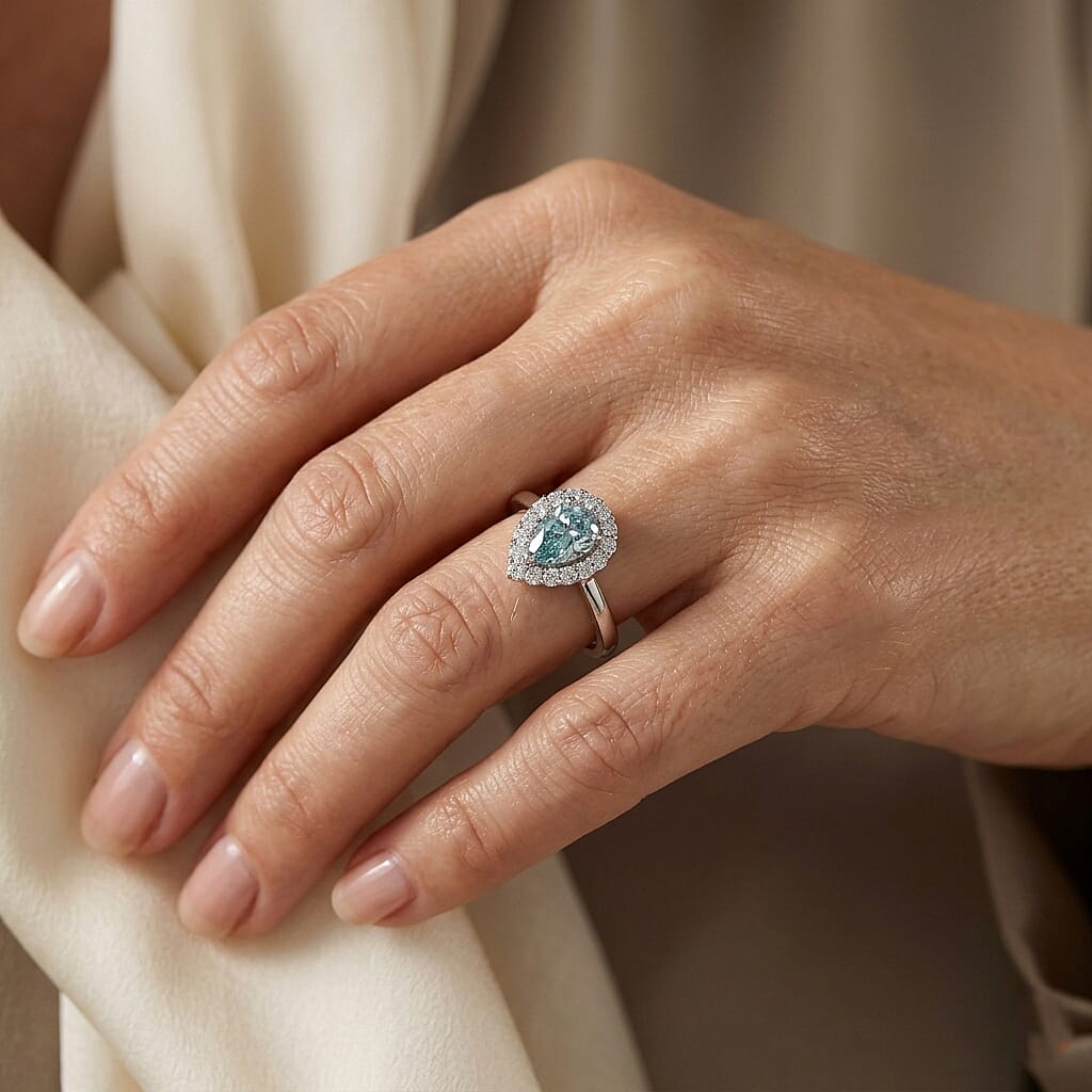 D'Joy - Paraiba Moissanite Halo Ring in Rhodium Overlay Sterling Silver 1.25 Ct.