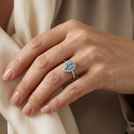 D'Joy - Paraiba Moissanite Halo Ring in Rhodium Overlay Sterling Silver 1.25 Ct.