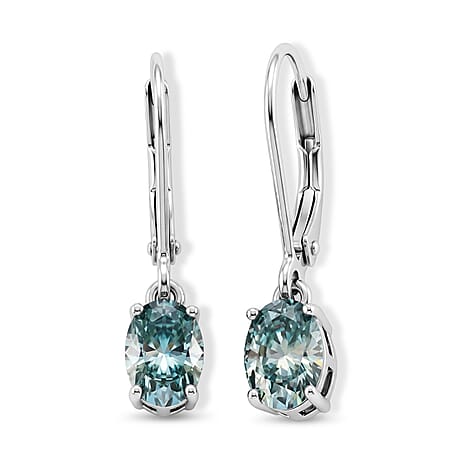 D'Joy - Paraiba Moissanite Solitaire Lever Back Earring in Rhodium Overlay Sterling Silver 1.50 Ct.