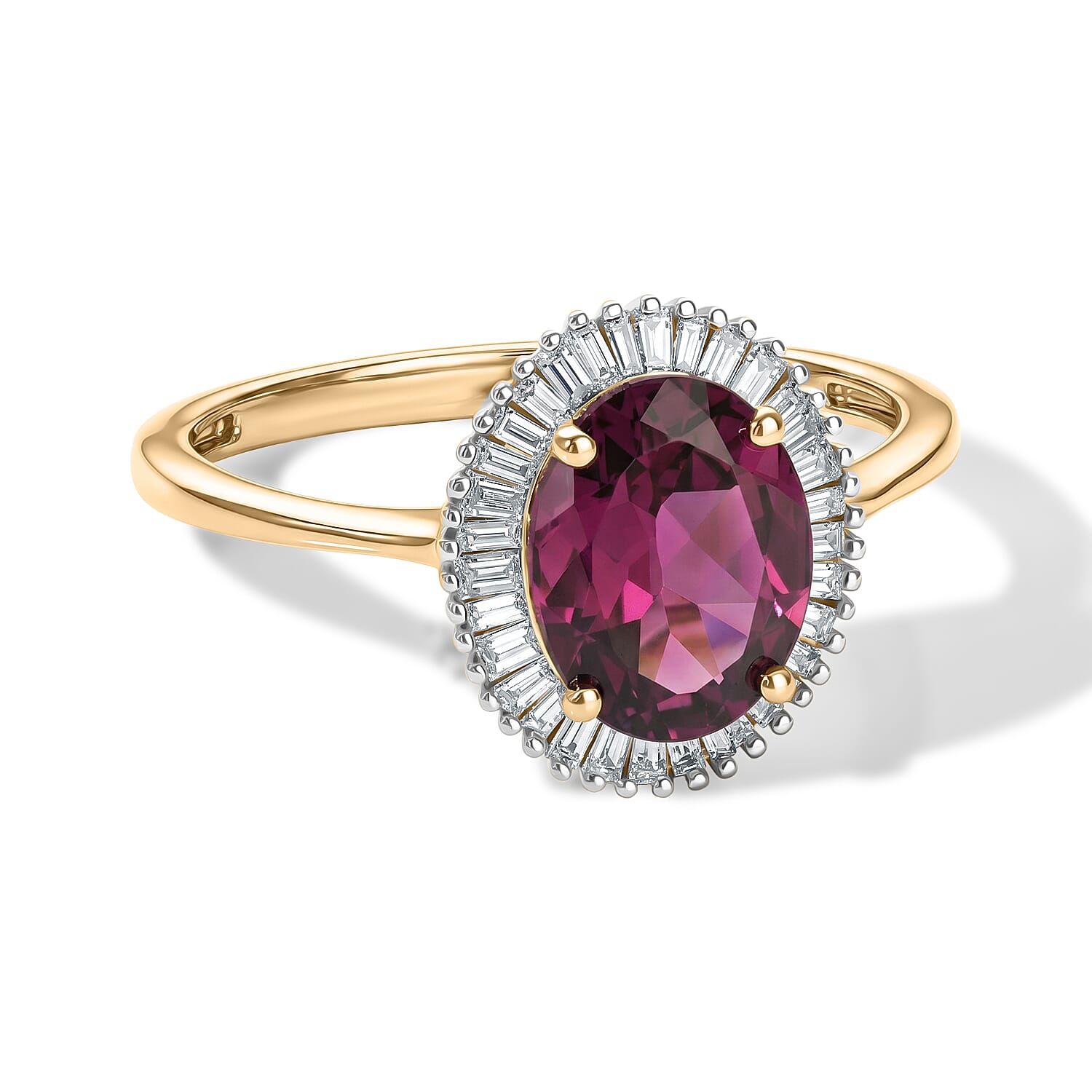 9K Yellow Gold AAA Radiant Ember Garnet & Natural White Diamond Halo Ring 2.36 Ct.