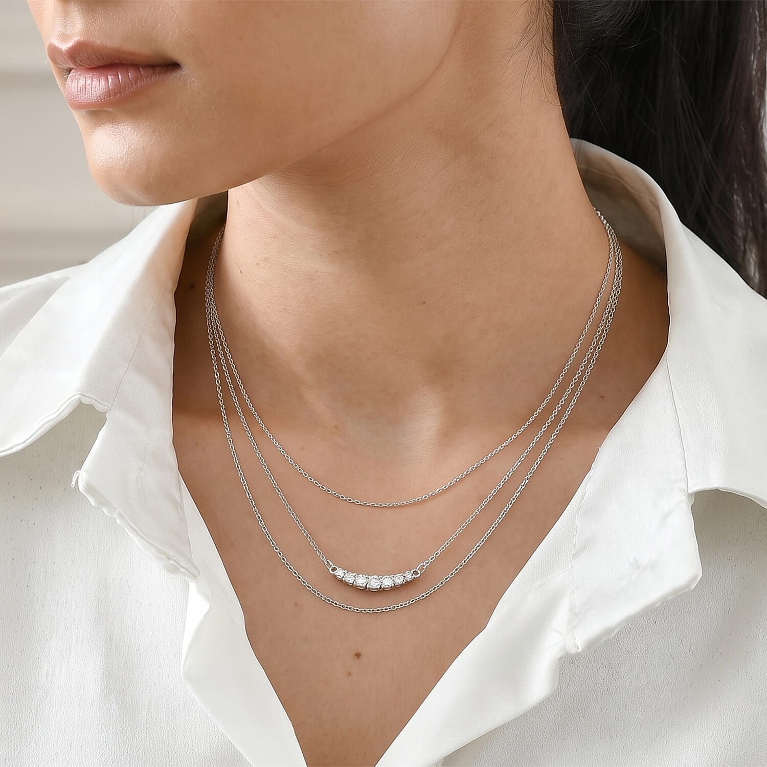 Luxuriant - Lab Grown Diamond (SI-G-H) Necklace (Size - 16) in Rhodium Overlay Sterling Silver  0.25 Ct.