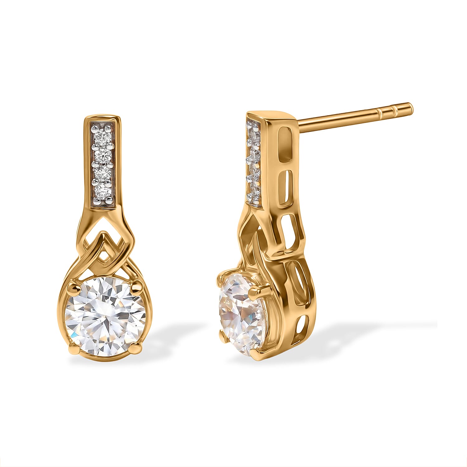 D'Joy - Moissanite Push Post Earring in Yellow Gold Plated Sterling Silver 1.67 Ct.