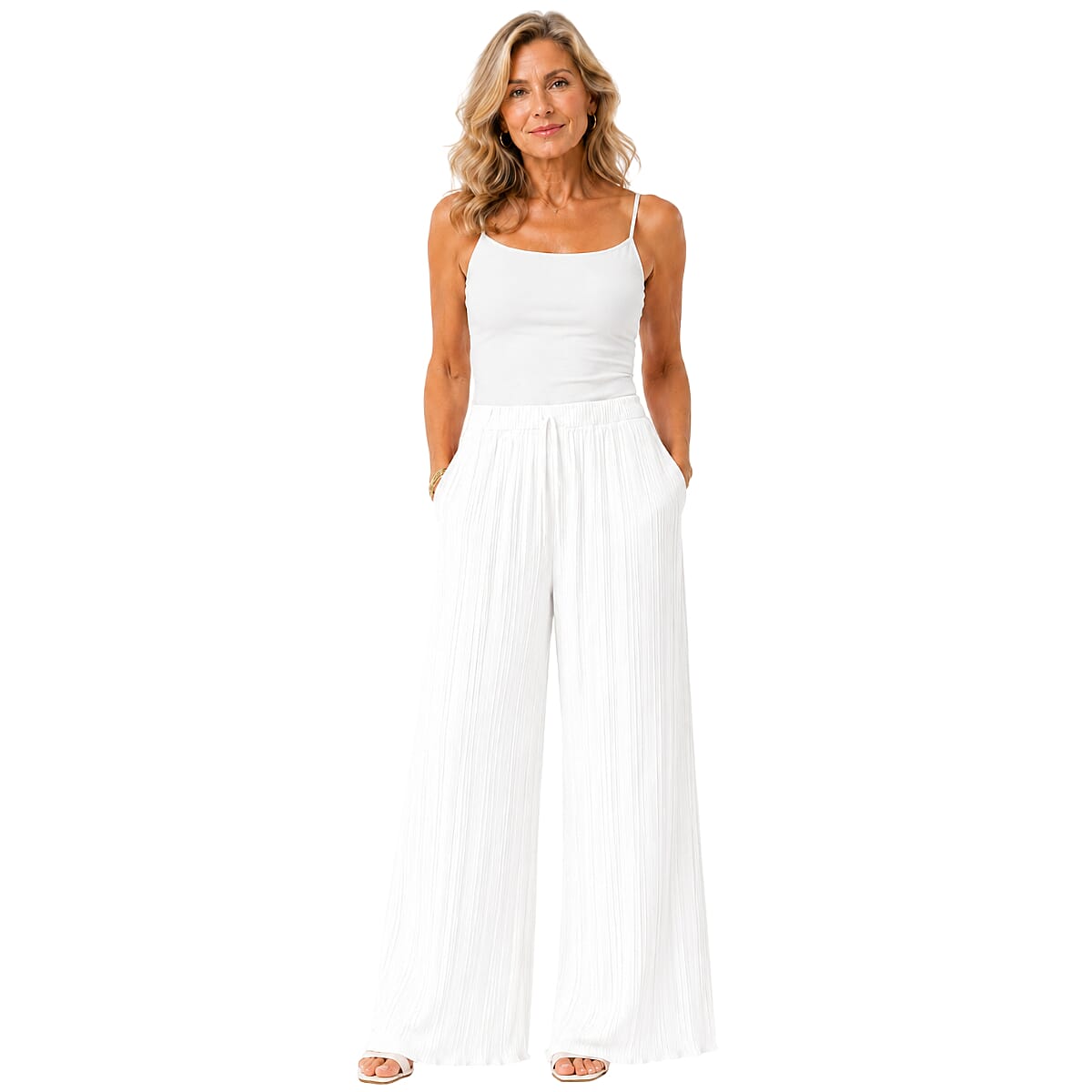 Love Italian Style Crinkle Pleated Trousers With 27 Inch Inseam (Size 10-22  ) - White