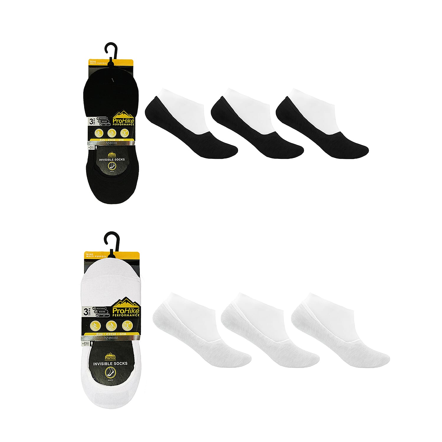 Prohike Mens & Womens Set of 6 invisible Socks (Size 6-11) - Black & White