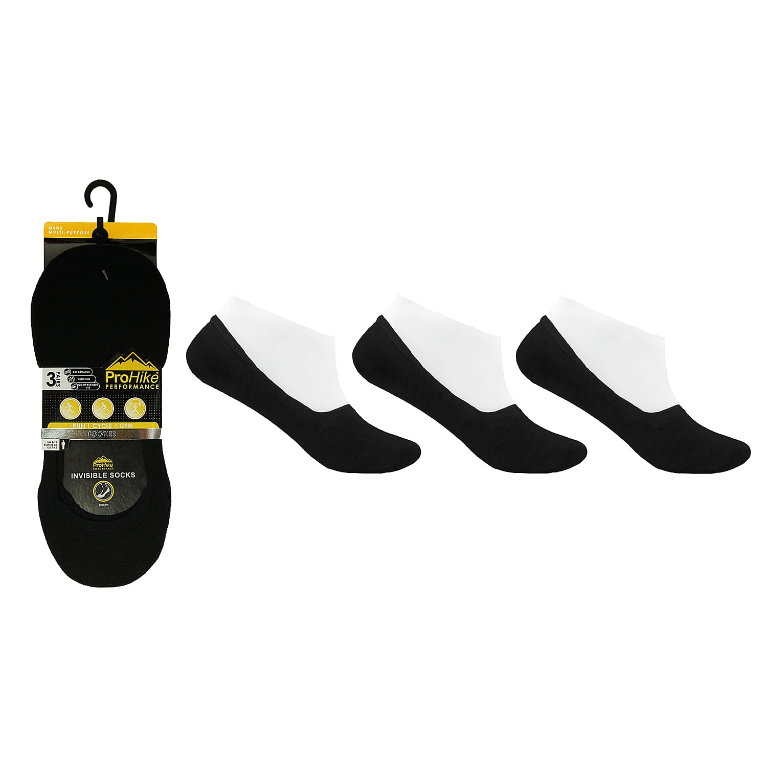 Prohike Mens & Womens Set of 6 invisible Socks (Size 6-11) - Black & White