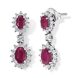 D'Joy - African Ruby & White Zircon Dangling Earring with Push Post in Platinum Overlay Sterling Silver 2.87 Ct.