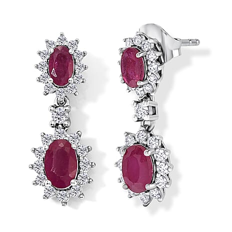 D'Joy African Ruby, White Zircon Dangling Earring in Platinum OverlaySterling Silver  2.872  Ct.